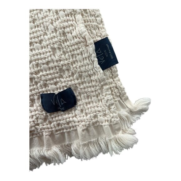 Vela Home Ivory Textured Cotton Throw Blanket – Woven Fringe Edge – Made in Port - Picture 3 of 6